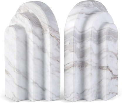 Natural Marble Book Ends - Heavy Duty Bookends for Shelves - Aesthetic Layered Arch Design Stone Book Holders, Modern Office Bookshelf Stopper Decor for Books/CDs (Volakas)
