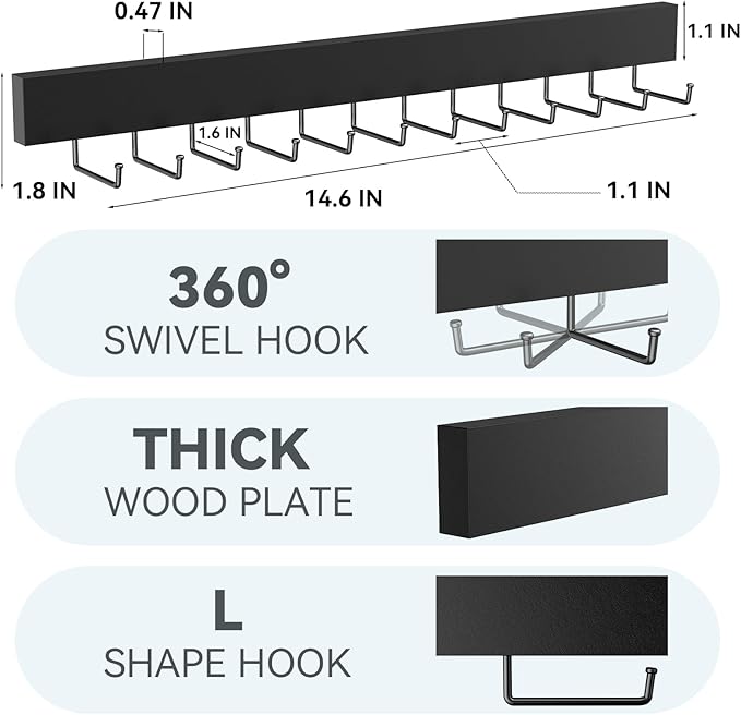 HOMEBROS Tie Rack Wall Mount, Adhesive Wooden Closet Tie Hanger with 24 Metal Hooks, Large Capacity, 2 Installation Options, Black, 2 Pcs