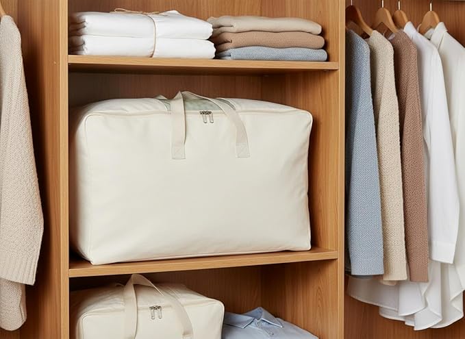 Soft Large Canvas Comforter Storage Bags with Four Carrying Handles and Clear Window, Closet Organizer for Clothing, Blankets Sheets Pillows and Bedding, 80L, 2 Pack, White