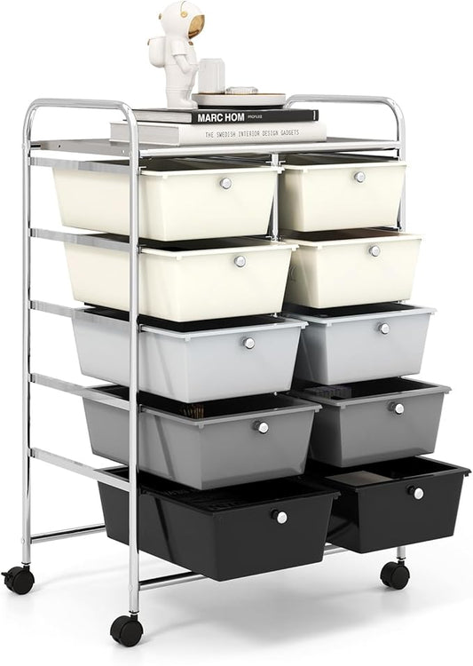 GOFLAME 10-Drawer Rolling Storage Cart, Art Craft Storage Organizer on Wheels, Multipurpose Movable Utility Cart for School, Office and Home, Grey Gradient