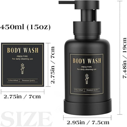 Luxspire Foaming Soap Dispenser, Glass Foam Pump Soap Dispenser, Non-Slip Hand Soap Container with 5 Waterproof Labels, 15 Oz Refillable Liquid Soap Holder for Bathroom & Kitchen, Black, 2 Pack