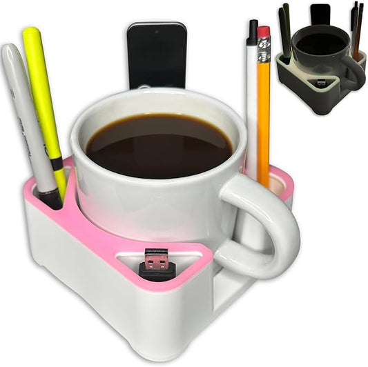 MugBrick Spill-Proof Mug Holder and Desk Organizer. Non-Tip Coffee Cup Holder with Pockets for Pens and Small Remotes. Ideal for Bed, Desktop or Couch, Gift for Coffee Drinkers, White + Pink Glow