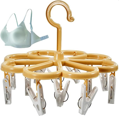 Laundry Drying Rack - 12 Clip Drying Hanger for Clothes | Foldable Drying Rack | 360° Rotation Laundry Clip and Drip Drying Hanger for Socks, Bras, Lingerie, Clothes, Sturdy, White