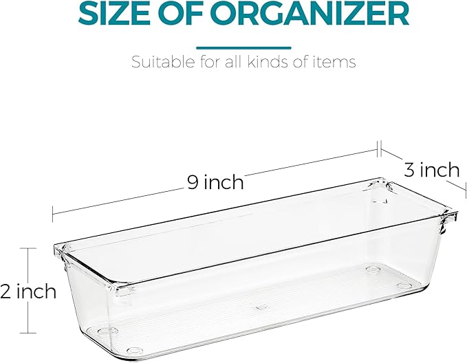 Ravinte Decor 4 Pack Drawer Organizer - 3" X 9" Clear Acrylic Storage Bins with Non-Slip Pads, Versatile Desk Tray for Makeup, Jewelry, Kitchen, Bathroom, and Office Organization