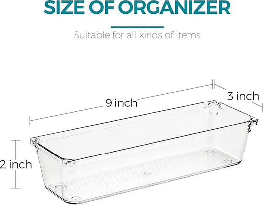 Ravinte Decor 4 Pack Drawer Organizer - 3" X 9" Clear Acrylic Storage Bins with Non-Slip Pads, Versatile Desk Tray for Makeup, Jewelry, Kitchen, Bathroom, and Office Organization