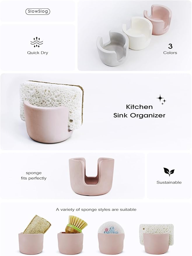 Slow Slog Diatomite Sponge Holder for Countertop Organizer, Quick Dry Stone Sponge Caddy, Diatomaceous Earth Sponge Holder, Absorbent Face Sponge Stand, Brown