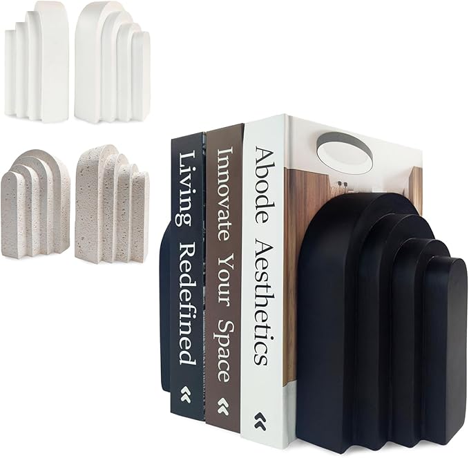 Book Ends for Heavy Books, Resin Decorative bookends, Heavy Duty Bookend for Shelves, Book Stopper for Shelves, Modern Home Decor Aesthetic Book Ends, Layered Arch Design Set of 2(Matte Black)