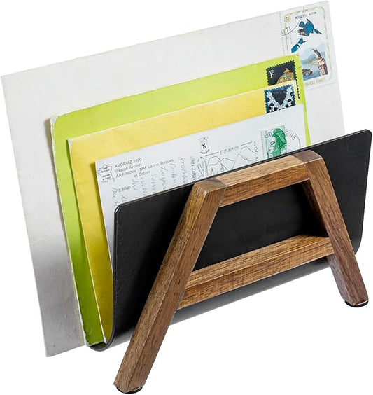 MyGift Modern Desktop Mail Holder, Urban Solid Acacia Wood and Matte Black Metal Tabletop Letter Sorter