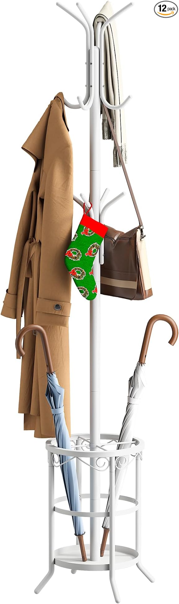 FILWH Coat Rack Freestanding with Umbrella Stand with 12 Hooks Metal Coat Tree Coat and Hat Hanger Jacket Entryway Coat Rack (White)