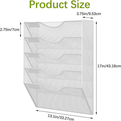 EasyPAG 5 Pocket Mesh Wall File Organizer, Hanging Paper Folder Holder with Classify Label, Vertical Wall Mount Mail Organizer for Office Home Classroom, White