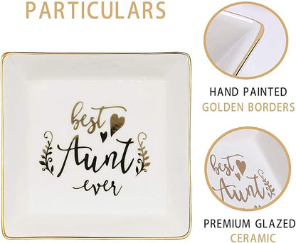 Tijeyi Aunt Gifts Best Aunt Ever Birthday Gift for Women Auntie from Niece and Nephew Mothers Day Christmas Jewelry Dish Ceramic Trinket Trays Ring Holder Bathroom Decor
