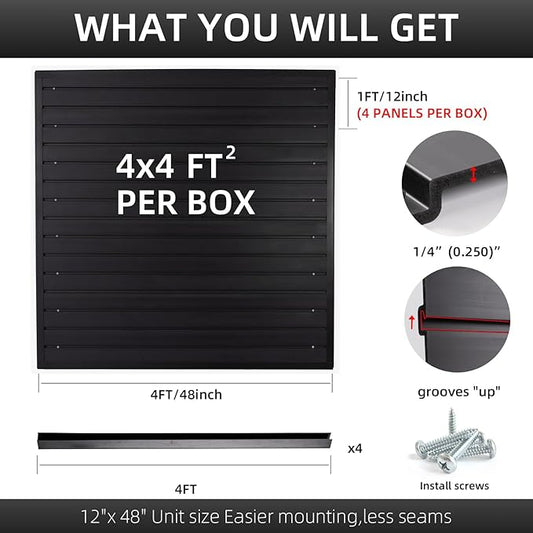 Slatwall Panel Garage Wall Organizer, Heavy Duty Wall Mounted Garage Slat Wall Storage Systems, PVC Wall Panels Slat Board, Slate Wall Black 4'W x 4'L