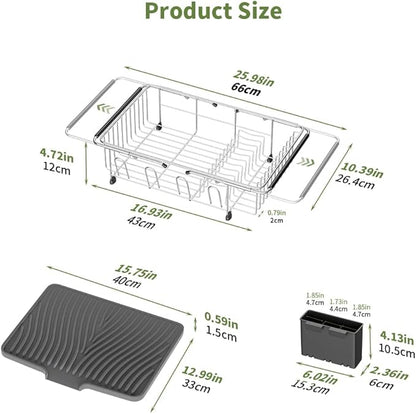 Dish Drying Rack in Sink With Non-Slip Silicone Mat Set, Expandable Carbon Steel Dish Drainers for Kitchen Counter, Bowl Dryer Rack Mat for Inside Sink, Over The Sink D ish Racks(COLOR:Grey+Silver)