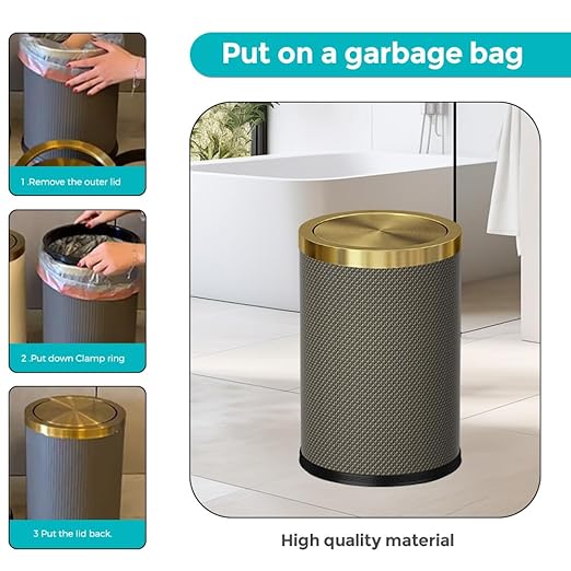 2.4 Gallon Bathroom Trash Can with Lid, Pu Leather Modern Garbage Can, Round Decorative Waste Basket, for Near Desk, Powder, Bedroom, Hotel, Office, Home (9L-Checked Grey)