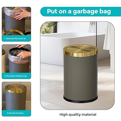 2.4 Gallon Bathroom Trash Can with Lid, Pu Leather Modern Garbage Can, Round Decorative Waste Basket, for Near Desk, Powder, Bedroom, Hotel, Office, Home (9L-Checked Grey)