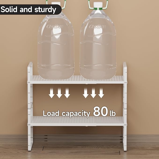jkxoo Expandable Cabinet Shelf Organizers, Stackable Metal Shelves Extender for Kitchen Countertop Storage, Adjustable Spices Shelves Rack Stand for Cupboard Pantry, White