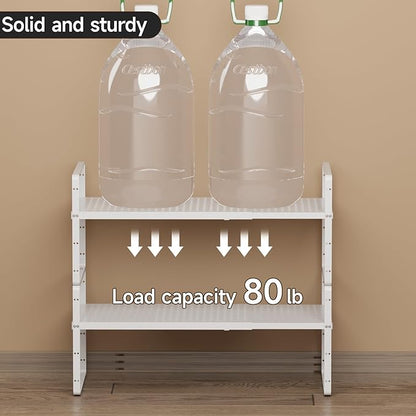 jkxoo Expandable Cabinet Countertop Shelves 16.5-27’’L, Adjustable Metal Spice Rack Organizer, Stackable Kitchen Counter Storage Shelves Organizers for Cabinet Organization, White