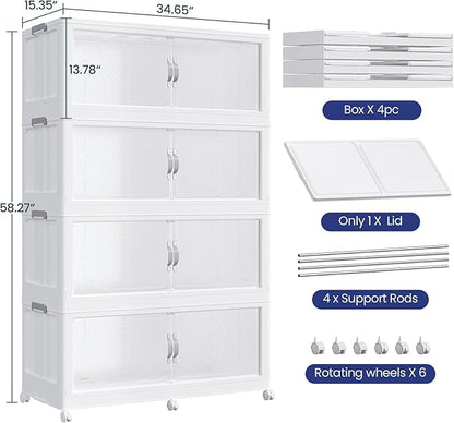 960QT Extra Large Stackable Storage Bins with Lid, 240Gal Plastic Closet Organizers and Storage Drawer, Collapsible Cabinet Box with Wheels Clear Doors for Home Kitchen Office, 4Pack White