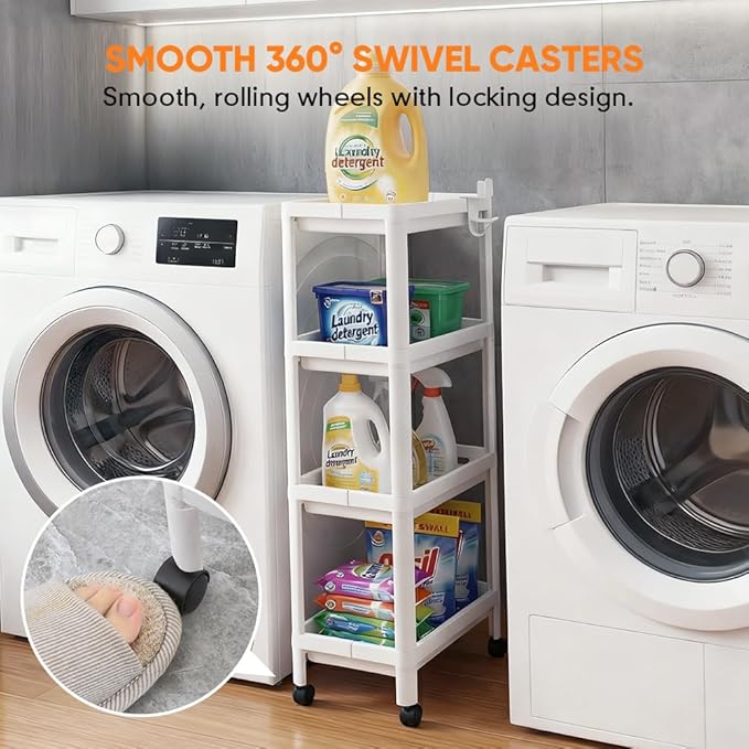 Laundry Room Cart Between Washer and Dryer Storage, Expandable Slim Laundry Cart with Wheels, 4 Tier Slim Storage Rolling Carts for Laundry Room Organization and Storage