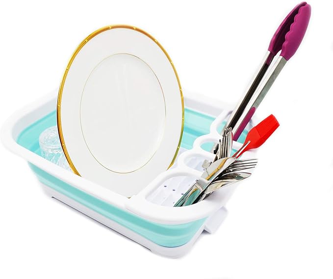 SAMMART Collapsible Dish Drainer with Drainer Board - Foldable Drying Rack Set - Portable Dinnerware Organizer - Space Saving Kitchen Storage Tray (1, White/Lake Green)