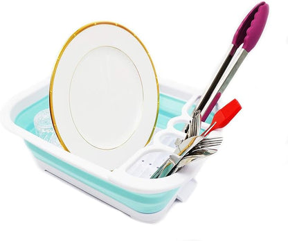 SAMMART Collapsible Dish Drainer with Drainer Board - Foldable Drying Rack Set - Portable Dinnerware Organizer - Space Saving Kitchen Storage Tray (1, White/Lake Green)