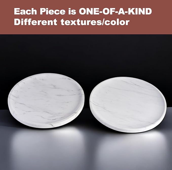 Natural Marble Decorative Tray for Bathroom Bedroom Kitchen Dresser, 9.8” Round Vanity Trays for Jewelry, Perfume, Cosmetic, Candle, Countertop Storage Organizer for Home Decor White (Volakas)