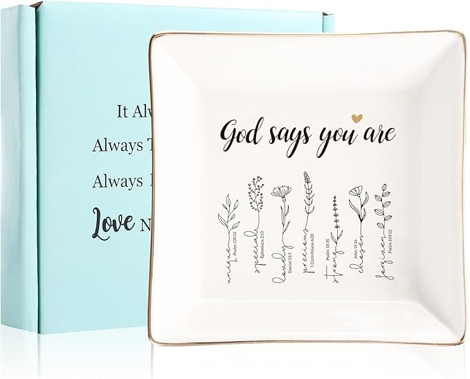 JOYIMARR God Says You Are Flower Ring Dish-Christian Religious Spiritual Gifts for Women Friends Mom Sister Christmas Birthday