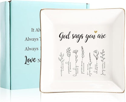 JOYIMARR God Says You Are Flower Ring Dish-Christian Religious Spiritual Gifts for Women Friends Mom Sister Christmas Birthday
