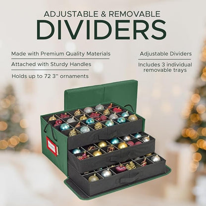 HOLDN’ STORAGE Christmas Ornament Storage Box with Dividers, Holds 72 Ornaments (3 Inch), Large Ball Storage Container with 3 Removable Trays, Durable and Portable - Green