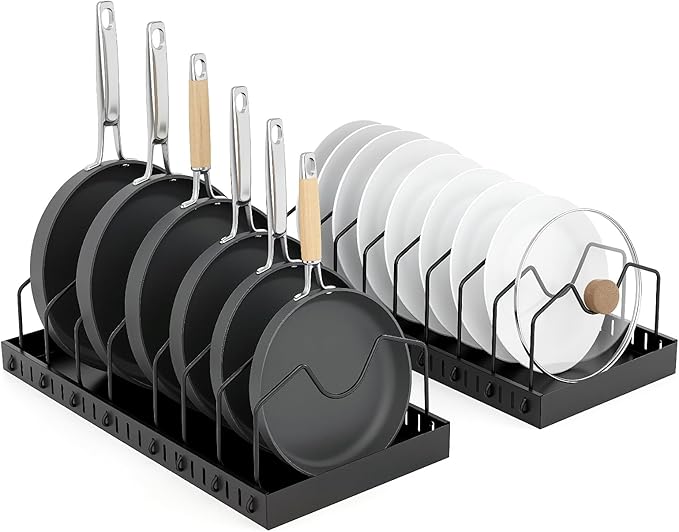 WODHMIEY 2 Pcs Pots and Pans Organizer Under Cabinet - Expandable Pull Out Cabinet Organizer for Pots and Pans, Pan and Lid Organizers Inside Cabinet, Adjustable Storage Rack (BLACK)