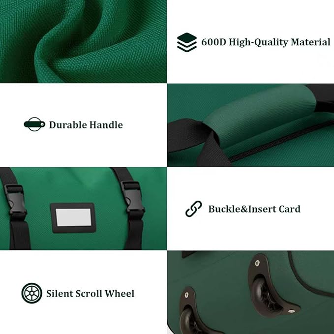 7.5 ft Christmas Tree Storage Bag, Heavy Duty Rolling Xmas Tree Bag with Reinforced Handles and Wheels, Large Storage Container for Trees and Decorations, Green