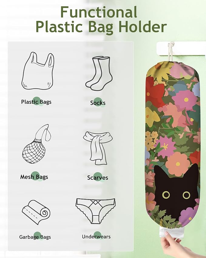 Plastic Bag Holder Organizer - 1 Pack Reusable Canvas Grocery Bags Holder Hanging Wall Cute Aesthetic Shopping Bag Storage Dispenser with Drawstring Closure for Kitchen Home, Cat In Flower