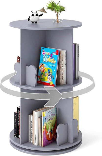 Costzon Kids Rotating Bookshelf, 2 Tier Small Book Shelf with Bookends, 360° Display Spinning Bookshelf Tower, Corner Bookshelf for Small Space, Kids Room, Bedroom, Nursery (Grey)
