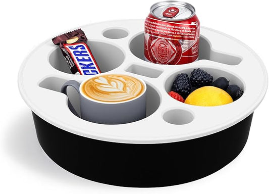 Bonfixe Couch Cup Holder Tray Round, 4-Cups Bedside Drink Holder for Elderly/Pregnancy, Stable Non-Spill Silicone Couch Caddy for Remote Control, Glasses‌, Snacks, Phones‌ (Black-White)