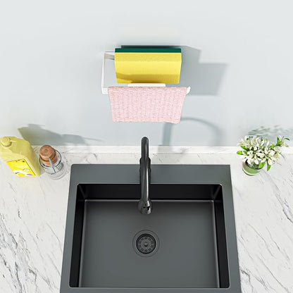 Sponge and Dish Cloth Holder for Kitchen Sink, 2 in 1 Adhesive Sink Dish Sponge Holder, Sinks Caddy Organizer Rack for Storage Sponges Scrubber Glove and Brush, White