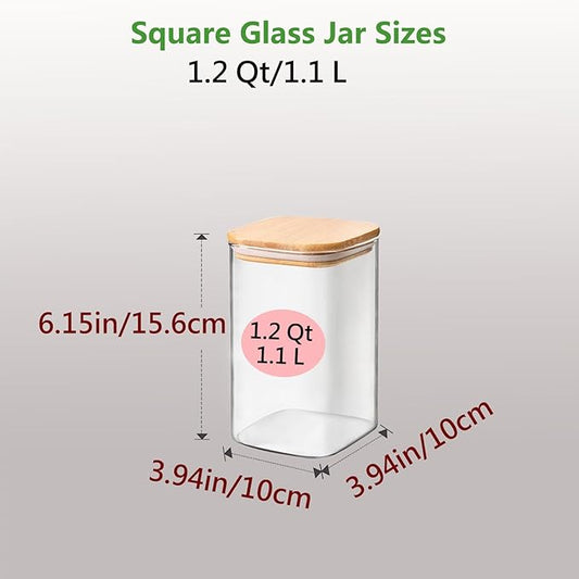 1.2 Qt Square Glass Storage Containers with Lids, glass jar with airtight lid, Glass Canister for Pantry Cookie Flour Cereal Rice Sugar Tea Coffee Beans Spice (Square-4Pack)