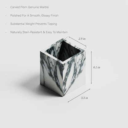 Marble Toothbrush Holder – 4.1" Genuine Stone Bathroom Cup for Makeup Brushes, Pens & Utensils | Natural Marble Organizer for Vanity, Countertop & Home Décor (Arabescato White & Grey)