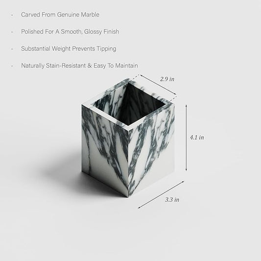 Marble Toothbrush Holder – 4.1" Genuine Stone Bathroom Cup for Makeup Brushes, Pens & Utensils | Natural Marble Organizer for Vanity, Countertop & Home Décor (Arabescato White & Grey)
