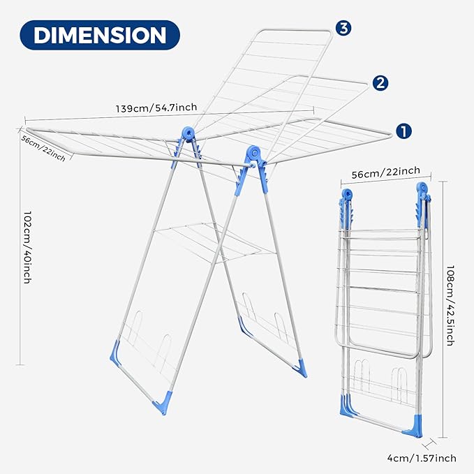 Gullwing Drying Rack, Foldable Space Saving Laundry Racks for Drying Clothes, Easy to Assemble Multi Functional Adjustable Outdoor Drying Rack Clothing for Garden Patio Balcony Indoor Use