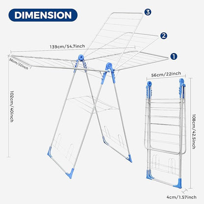 Gullwing Drying Rack, Foldable Space Saving Laundry Racks for Drying Clothes, Easy to Assemble Multi Functional Adjustable Outdoor Drying Rack Clothing for Garden Patio Balcony Indoor Use