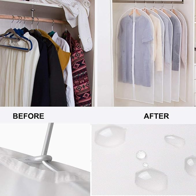 LeLehome 24 Inch X 40 Inch Set of 5 Dustproof See-Through Travel Garment Suits Covers, Clear Waterproof Clothes Organizer Dress Hanging Zipper Bags Protector