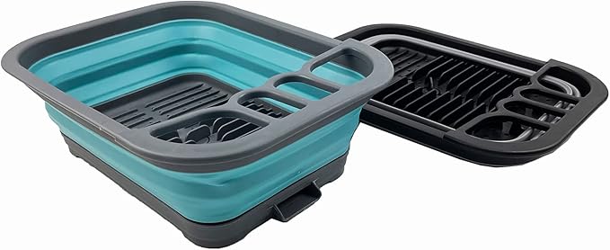 SAMMART 7.3L (1.9 Gallon) Collapsible Dish Drainer with Drainer Board - Foldable Drying Rack Set - Portable Dinnerware Organizer-Space Saving (Alloy Grey + Crystal Blue (Set of 2))