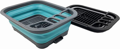 SAMMART 7.3L (1.9 Gallon) Collapsible Dish Drainer with Drainer Board - Foldable Drying Rack Set - Portable Dinnerware Organizer-Space Saving (Alloy Grey + Crystal Blue (Set of 2))
