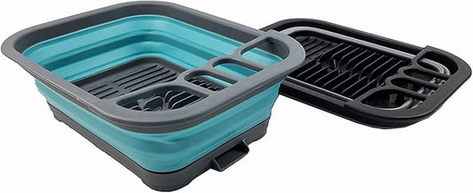 SAMMART 7.3L (1.9 Gallon) Collapsible Dish Drainer with Drainer Board - Foldable Drying Rack Set - Portable Dinnerware Organizer-Space Saving (Alloy Grey + Crystal Blue (Set of 2))