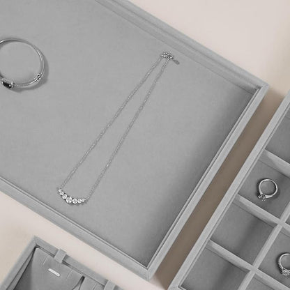Velvet Stackable Jewelry Display Flat Tray For Ring Earring Necklace Bracelet, Bangle Pendant Storage Blank Plate, Shop Countertop Jewelry Dish Organizer (Gray)