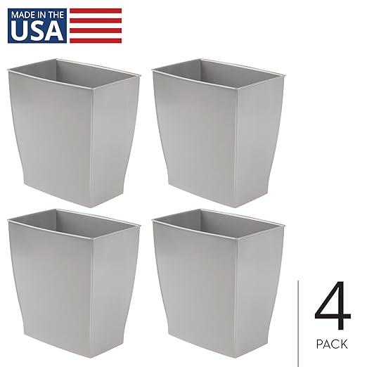 iDesign Small Plastic Bathroom Trash Can, Slim Rectangle Garbage Bin for Bedroom, Office, Dorm, 4-Pack, Gray