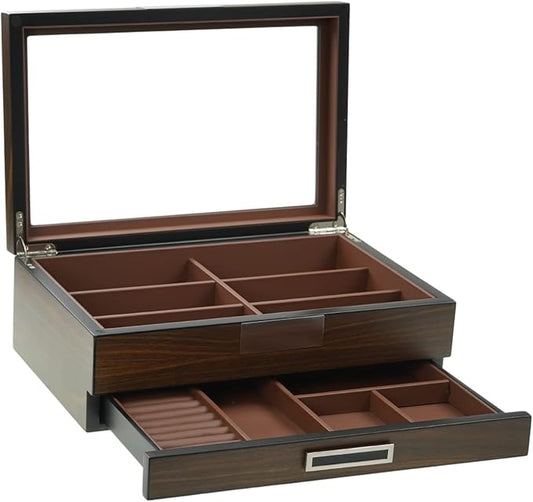 Decorebay Multi-Purpose Drawer, Sunglasses and Jewelry Box Wooden Storage Organizer with Saddle Brown Leather (Coffee Lover)