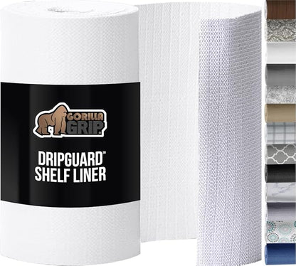 GORILLA GRIP DripGuard Shelf Liner, Non Adhesive Drawer and Kitchen Cabinet Protector, Slip Resistant BPA Free Smooth Surface Plastic Liners for Cabinets, Bathrooms, Closets, 17.5x120 Inch, White