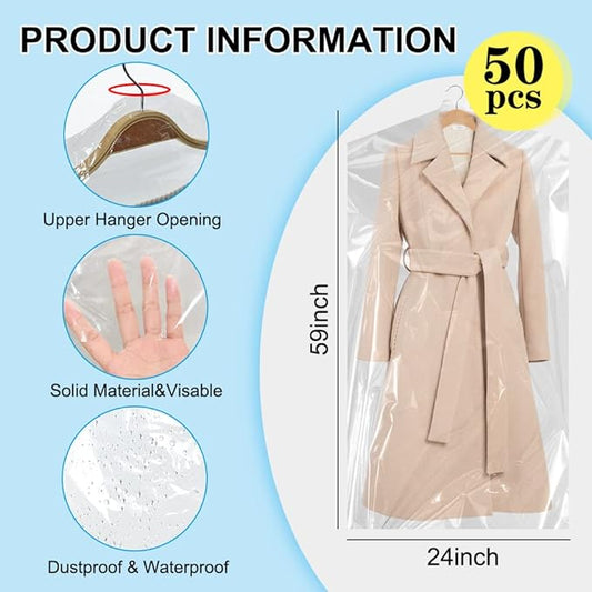 BEISHIDA 50PCS 60 Inch Plastic Garment Bag-Plastic Clear Dry Cleaner Laundry Bags for Clothes Cover, Hanging Clothes Storage for Long Dresses Skirt Coat Suit Shirt Jacket