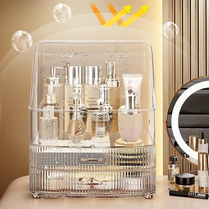 Plukers Makeup Organizer Countertop Vanity with Transparent Lid Drawers Waterproof Dustproof Cosmetic Skincare Bathroom Storage Gift for Women Teens Girls (Clear Whtie)